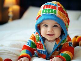 Adorable baby with vibrant clothing in a playful pose AI Generative photo