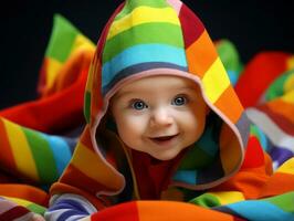 Adorable baby with vibrant clothing in a playful pose AI Generative photo