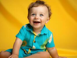 Adorable baby with vibrant clothing in a playful pose AI Generative photo