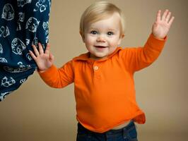 adorable bebé con vibrante ropa en un juguetón actitud ai generativo foto