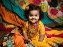 adorable bebé con vibrante ropa en un juguetón actitud ai generativo foto