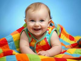 Adorable baby with vibrant clothing in a playful pose AI Generative photo