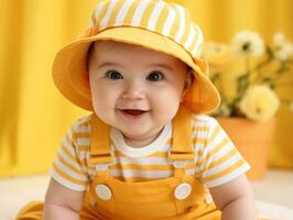 Adorable baby with vibrant clothing in a playful pose AI Generative photo