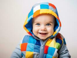 adorable bebé con vibrante ropa en un juguetón actitud ai generativo foto