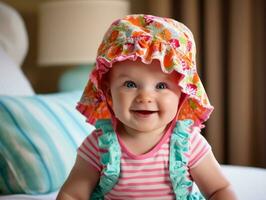 Adorable baby with vibrant clothing in a playful pose AI Generative photo