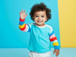 Adorable baby with vibrant clothing in a playful pose AI Generative photo