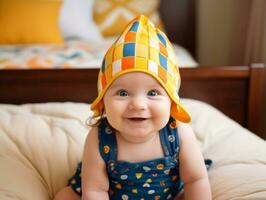 Adorable baby with vibrant clothing in a playful pose AI Generative photo