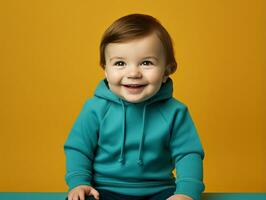 Adorable baby with vibrant clothing in a playful pose AI Generative photo