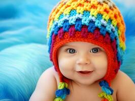 Adorable baby with vibrant clothing in a playful pose AI Generative photo