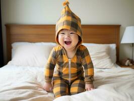 Adorable baby with vibrant clothing in a playful pose AI Generative photo