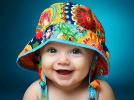 Adorable baby with vibrant clothing in a playful pose AI Generative photo