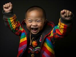 Adorable baby with vibrant clothing in a playful pose AI Generative photo