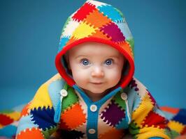 adorable bebé con vibrante ropa en un juguetón actitud ai generativo foto