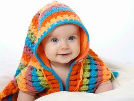 Adorable baby with vibrant clothing in a playful pose AI Generative photo