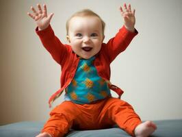 adorable bebé con vibrante ropa en un juguetón actitud ai generativo foto