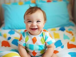 adorable bebé con vibrante ropa en un juguetón actitud ai generativo foto