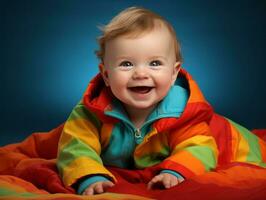 Adorable baby with vibrant clothing in a playful pose AI Generative photo