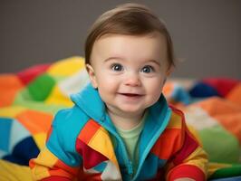 Adorable baby with vibrant clothing in a playful pose AI Generative photo