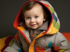 Adorable baby with vibrant clothing in a playful pose AI Generative photo