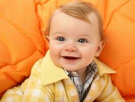 Adorable baby with vibrant clothing in a playful pose AI Generative photo