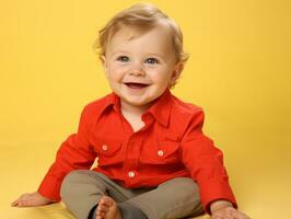 Adorable baby with vibrant clothing in a playful pose AI Generative photo