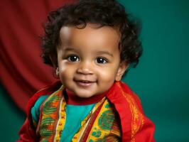 Adorable baby with vibrant clothing in a playful pose AI Generative photo