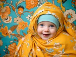 adorable bebé con vibrante ropa en un juguetón actitud ai generativo foto