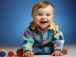 Adorable baby with vibrant clothing in a playful pose AI Generative photo