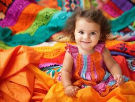 Adorable baby with vibrant clothing in a playful pose AI Generative photo