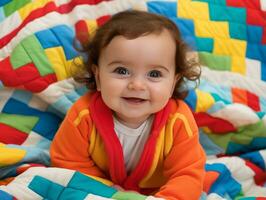 Adorable baby with vibrant clothing in a playful pose AI Generative photo