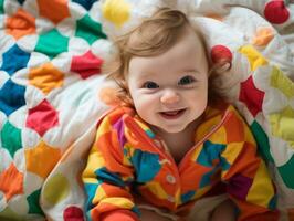 adorable bebé con vibrante ropa en un juguetón actitud ai generativo foto