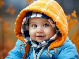 Adorable baby with vibrant clothing in a playful pose AI Generative photo