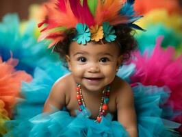 Adorable baby with vibrant clothing in a playful pose AI Generative photo