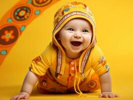 Adorable baby with vibrant clothing in a playful pose AI Generative photo