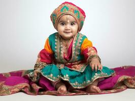 Adorable baby with vibrant clothing in a playful pose AI Generative photo