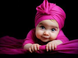 Adorable baby with vibrant clothing in a playful pose AI Generative photo