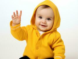 Adorable baby with vibrant clothing in a playful pose AI Generative photo