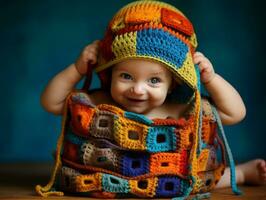 Adorable baby with vibrant clothing in a playful pose AI Generative photo