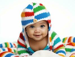 Adorable baby with vibrant clothing in a playful pose AI Generative photo