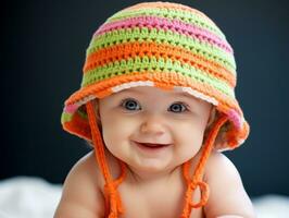 Adorable baby with vibrant clothing in a playful pose AI Generative photo