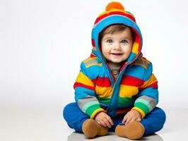 Adorable baby with vibrant clothing in a playful pose AI Generative photo