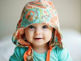 Adorable baby with vibrant clothing in a playful pose AI Generative photo