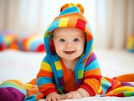 Adorable baby with vibrant clothing in a playful pose AI Generative photo