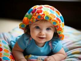 Adorable baby with vibrant clothing in a playful pose AI Generative photo