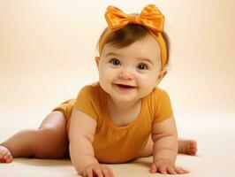 Adorable baby with vibrant clothing in a playful pose AI Generative photo