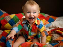 Adorable baby with vibrant clothing in a playful pose AI Generative photo