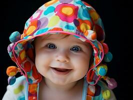 adorable bebé con vibrante ropa en un juguetón actitud ai generativo foto