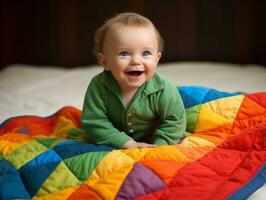 Adorable baby with vibrant clothing in a playful pose AI Generative photo