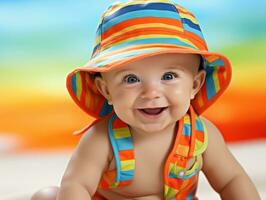 Adorable baby with vibrant clothing in a playful pose AI Generative photo