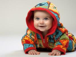 Adorable baby with vibrant clothing in a playful pose AI Generative photo